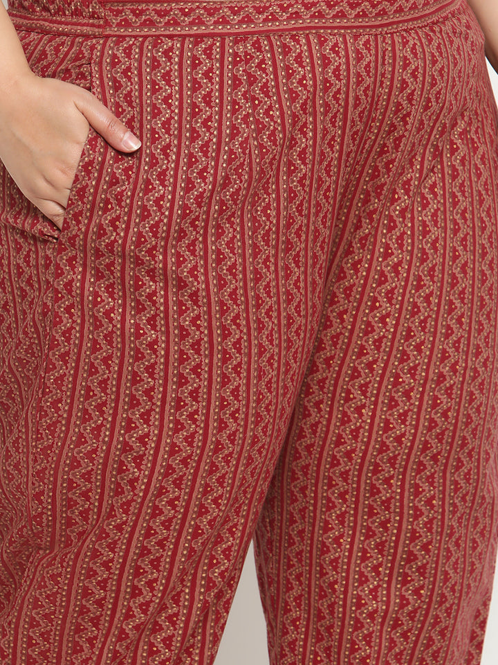 Womens Maroon Printed Plus Size Kurta with trouser