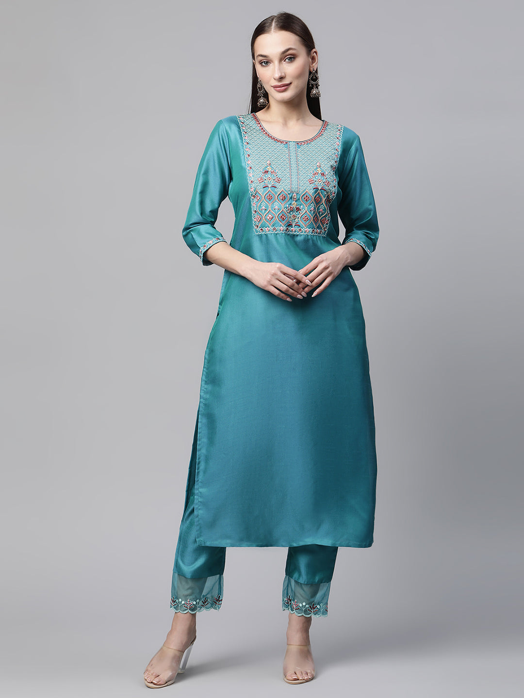 Women Blue Embroidered Yoke Design Kurta