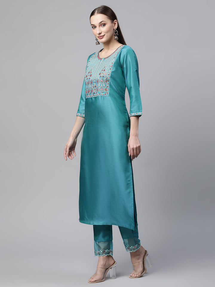 Women Blue Embroidered Yoke Design Kurta