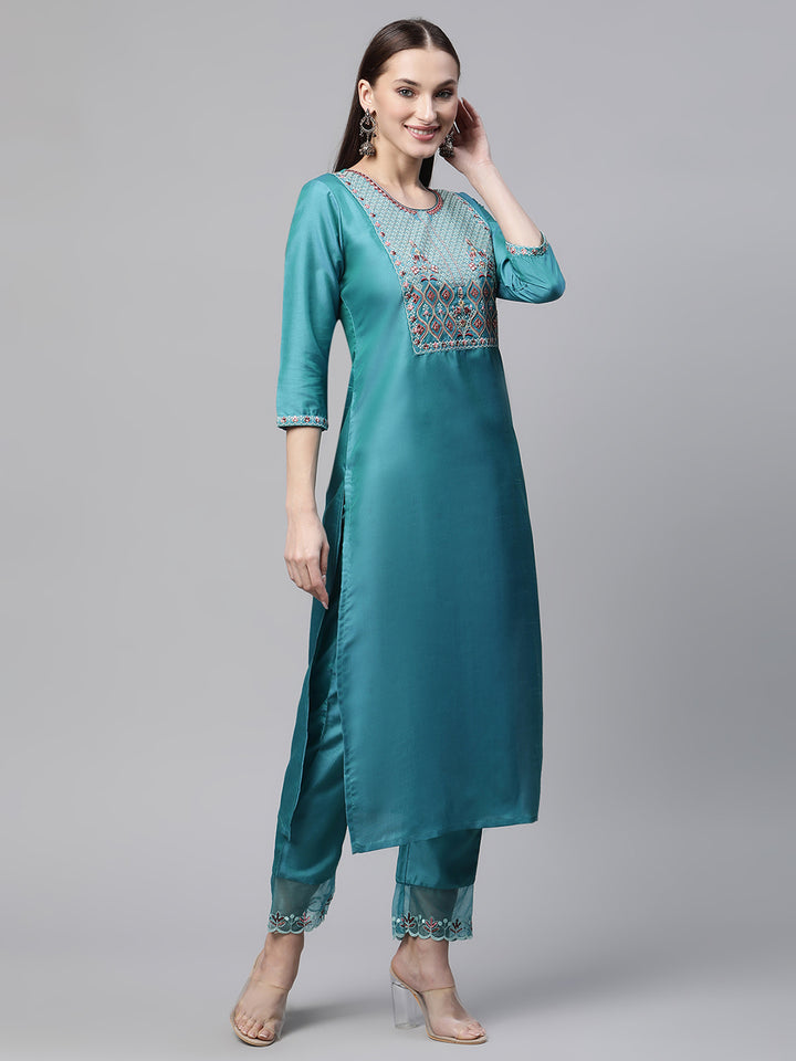 Women Blue Embroidered Yoke Design Kurta