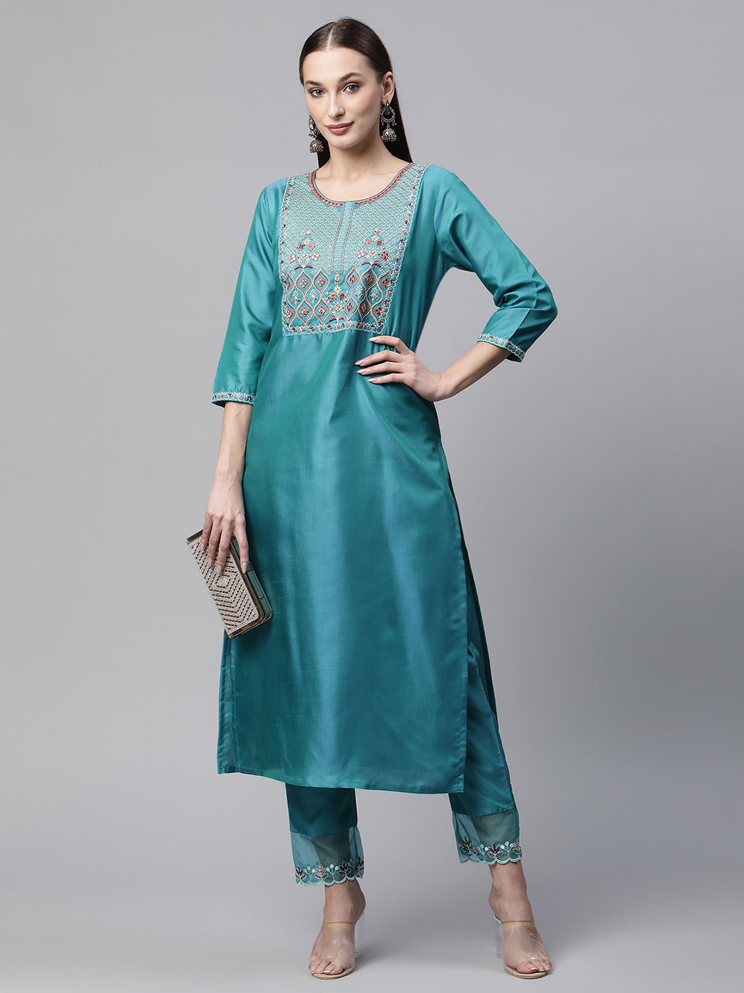 Women Blue Embroidered Yoke Design Kurta