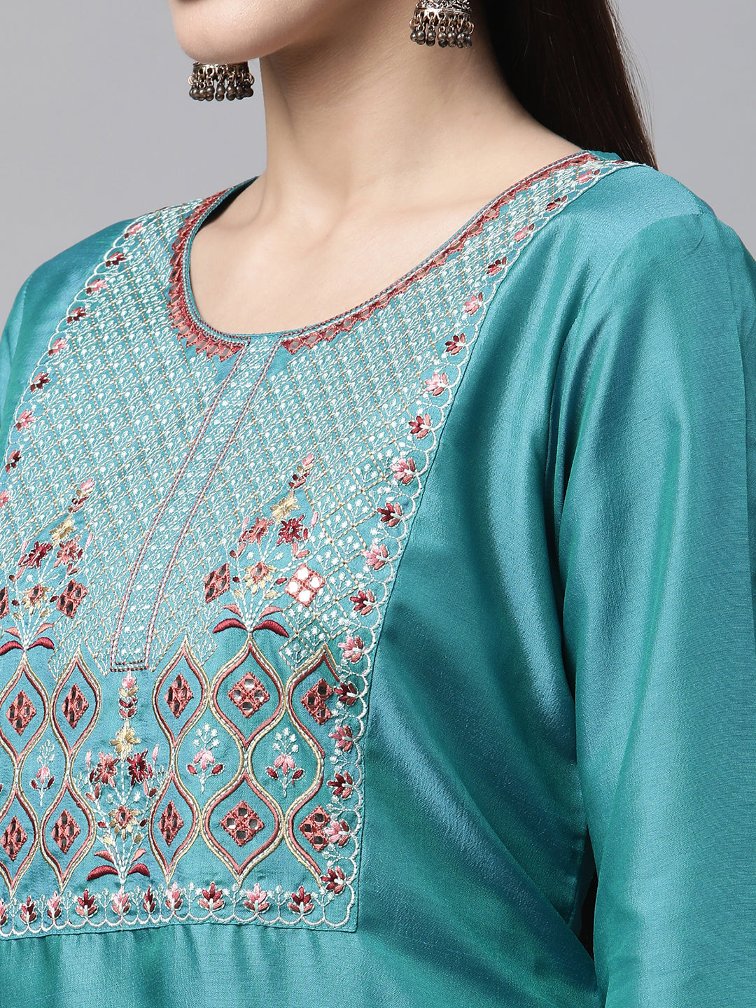 Women Blue Embroidered Yoke Design Kurta