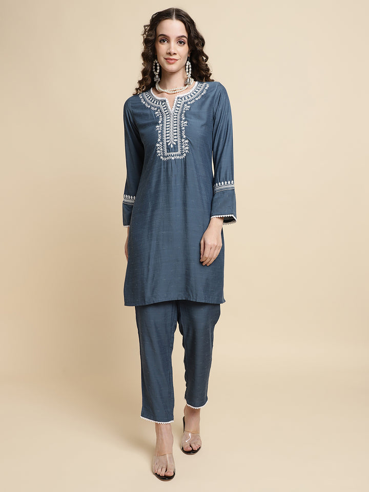 Women Grey Embroidered Regular Size  Co-ord Set