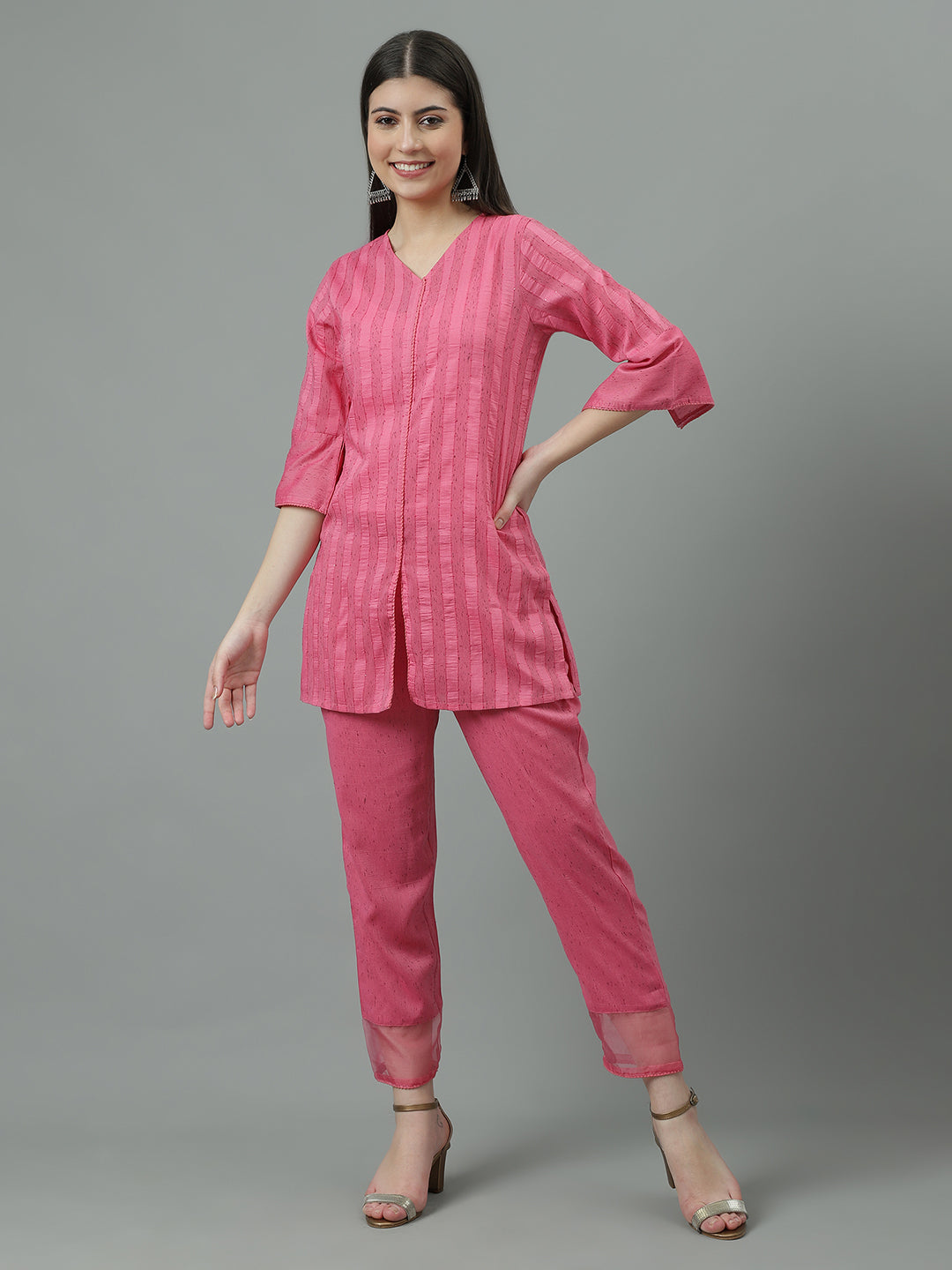 Women Pink Self design Regular Size  Co-cord Set