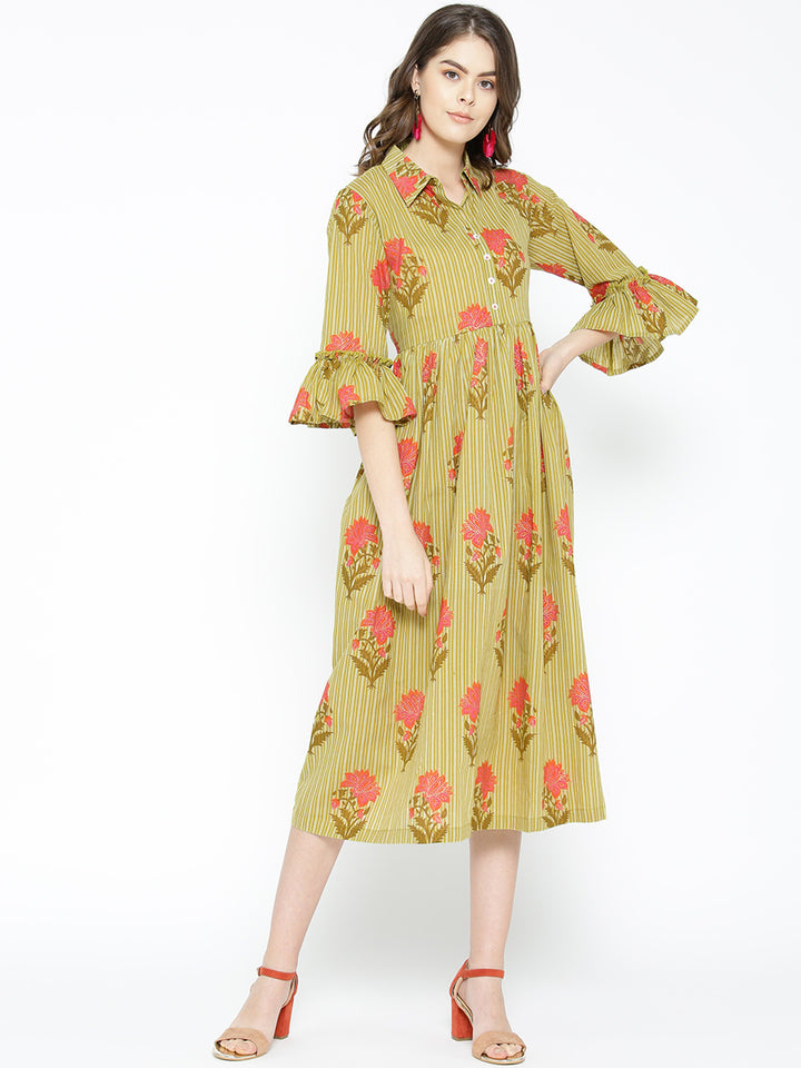 Womens Green Floral Printed Cotton Kurta