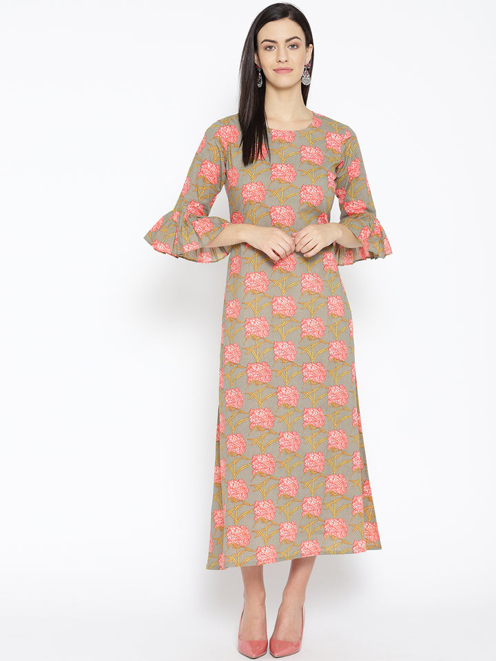 Women Green Printed A-Line Cotton Kurta