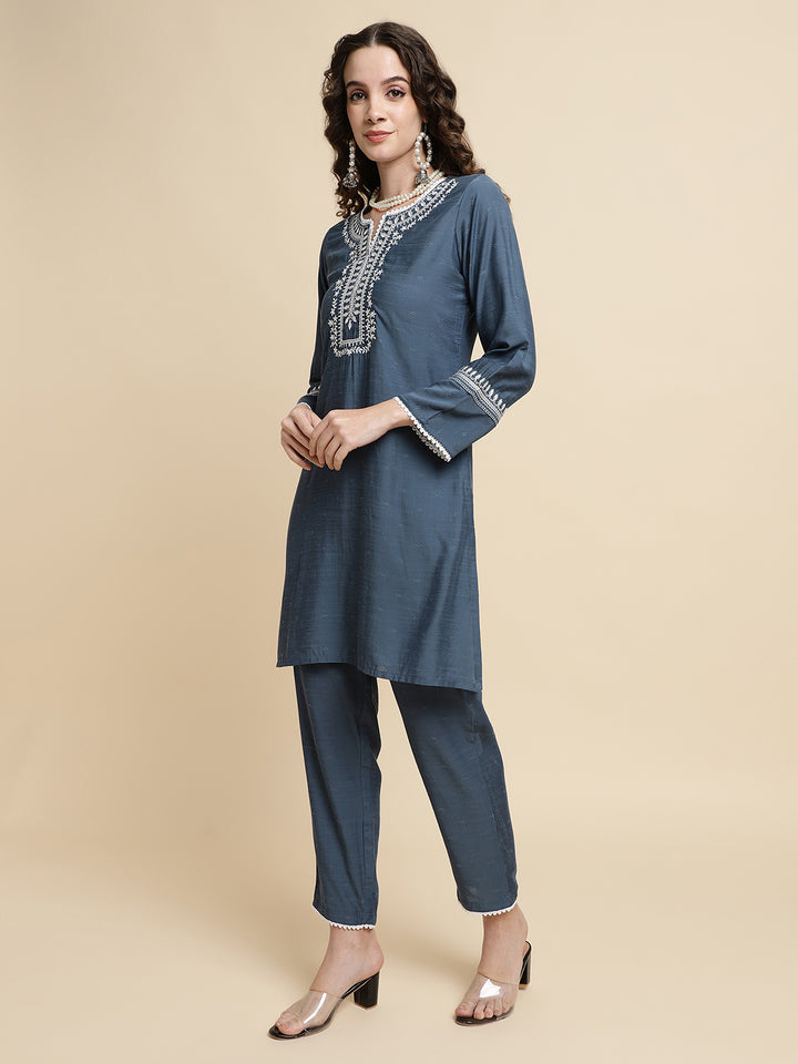 Women Grey Embroidered Regular Size  Co-ord Set