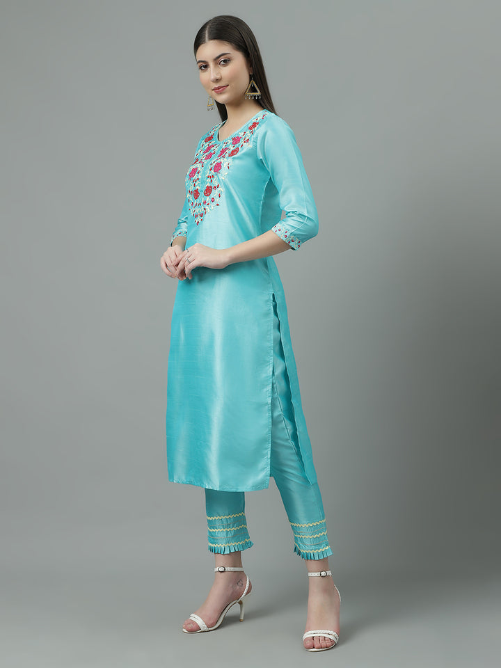 Women Green Solid Embroidered Kurta with Trouser and Dupatta