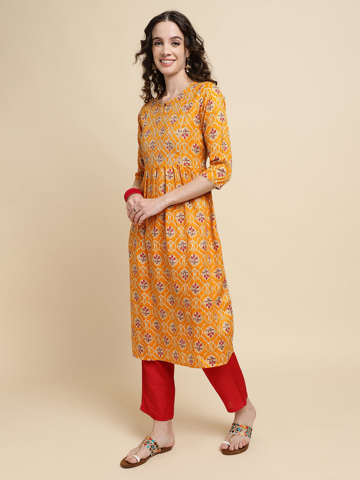 Women Yellow Floral Printed Embroidered  Kurta with Trousers
