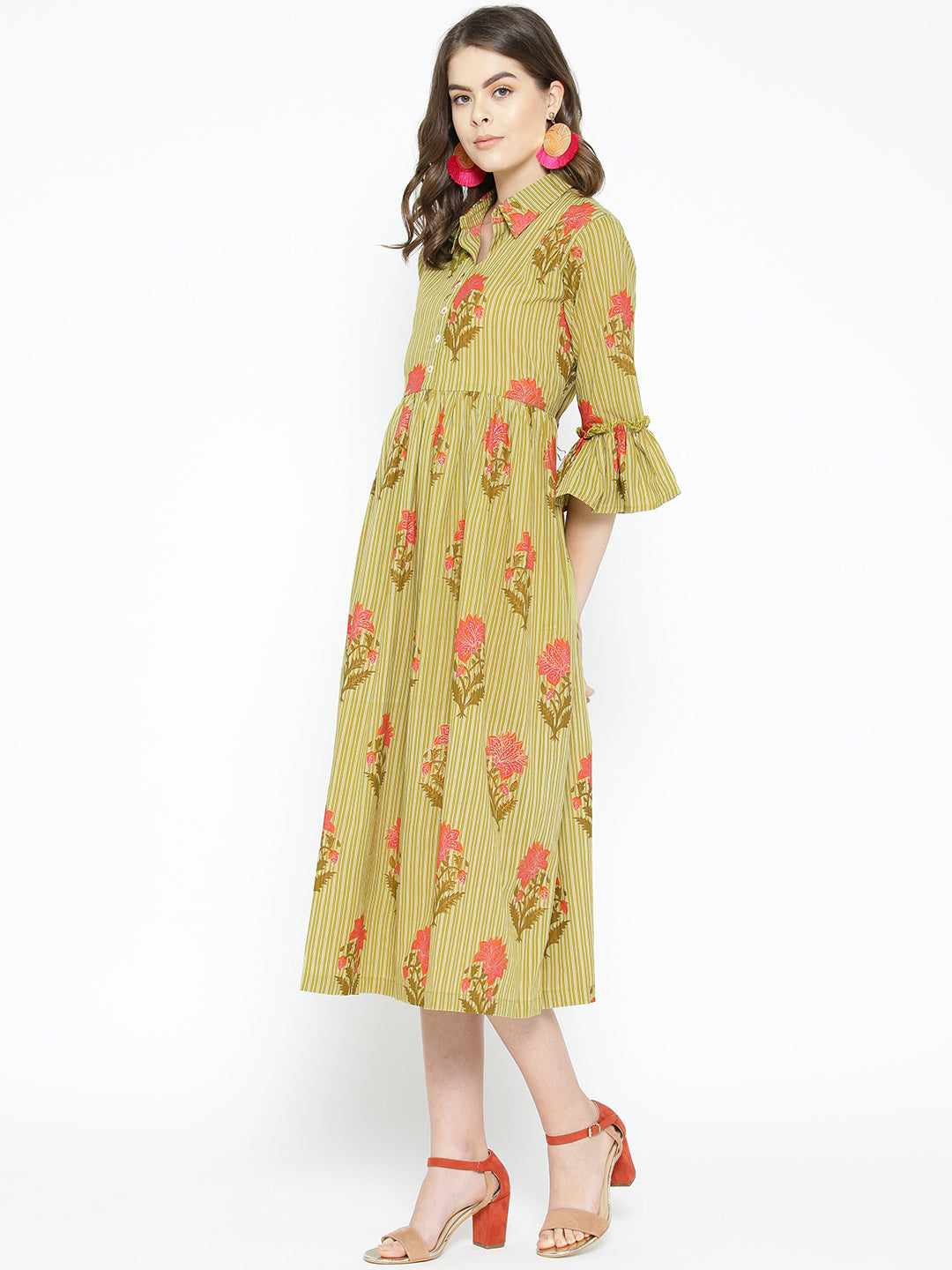 Womens Green Floral Printed Cotton Kurta