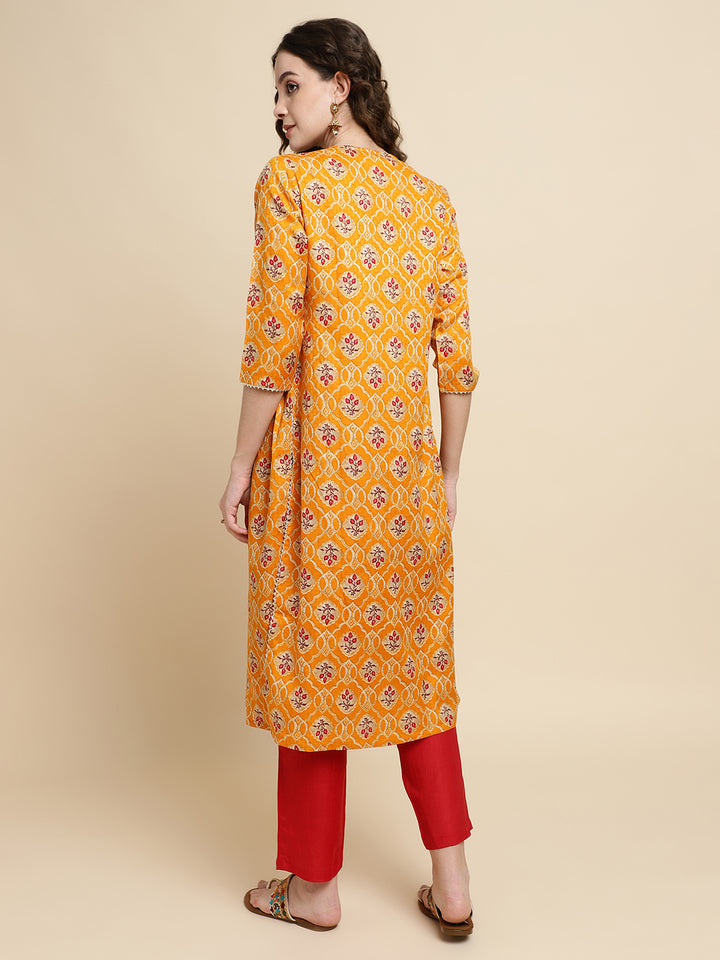 Women Yellow Floral Printed Embroidered  Kurta with Trousers