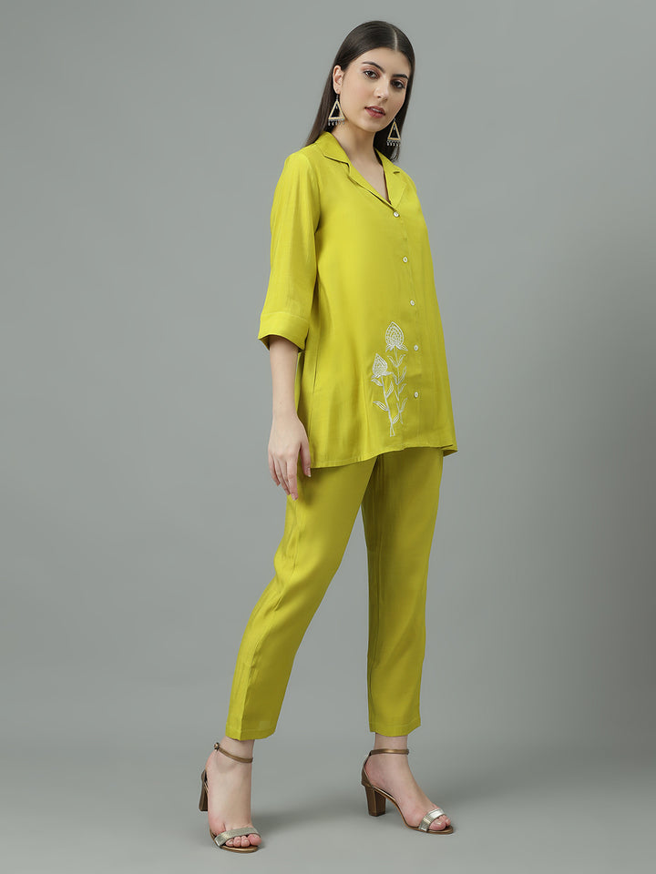 Women Yellow Embroidered Regular Size  Co-cord Set