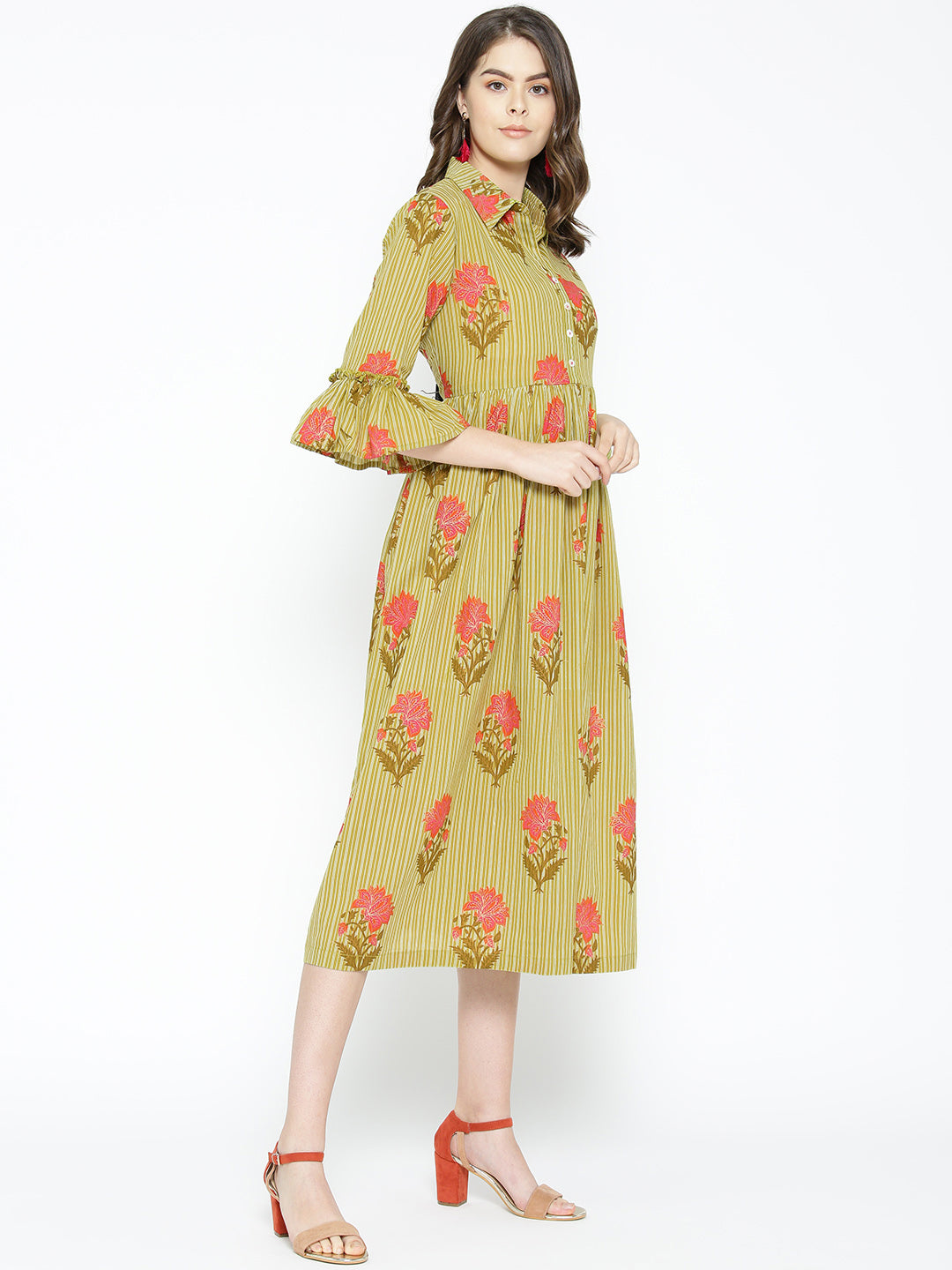 Womens Green Floral Printed Cotton Kurta