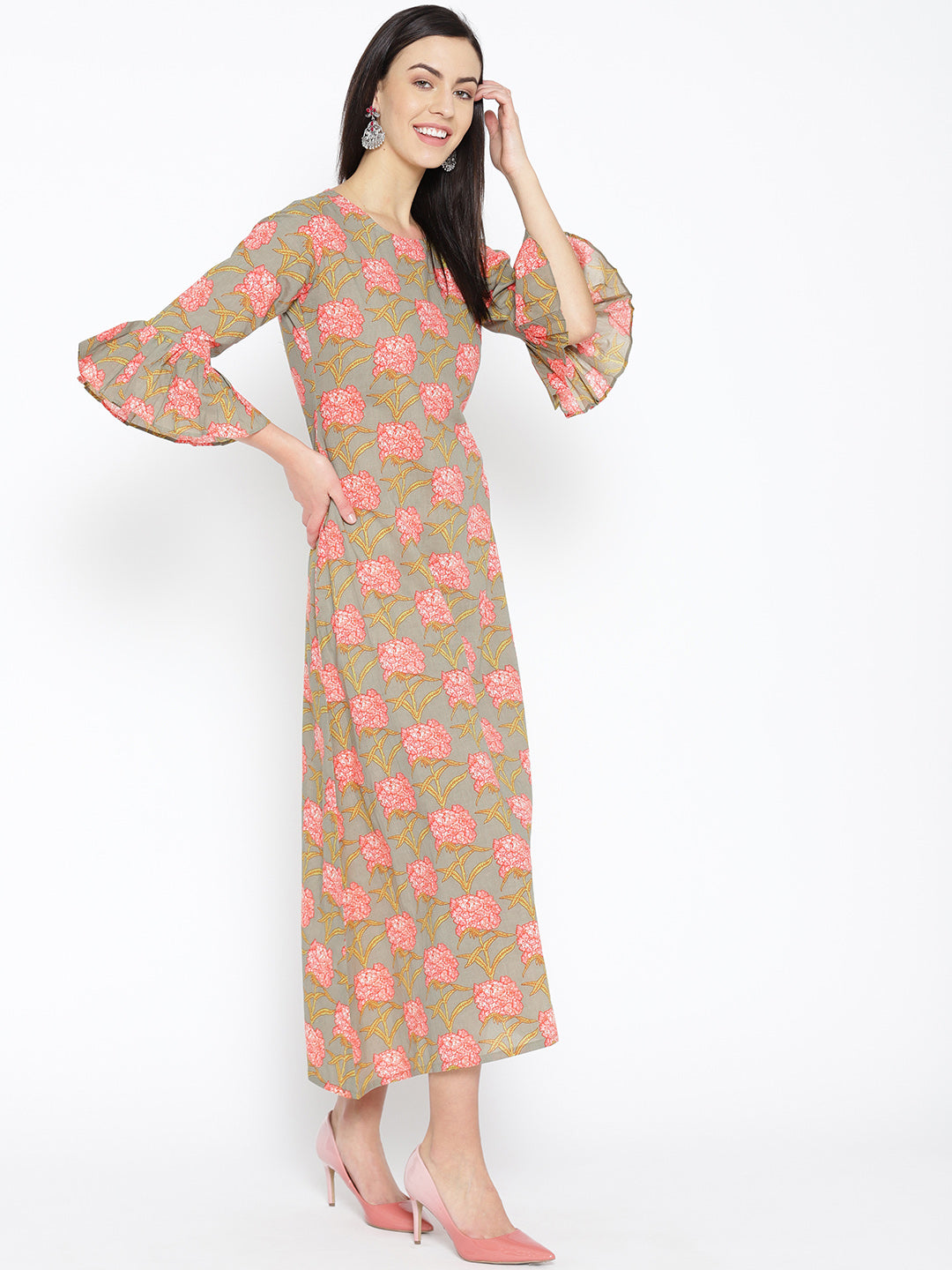 Women Green Printed A-Line Cotton Kurta