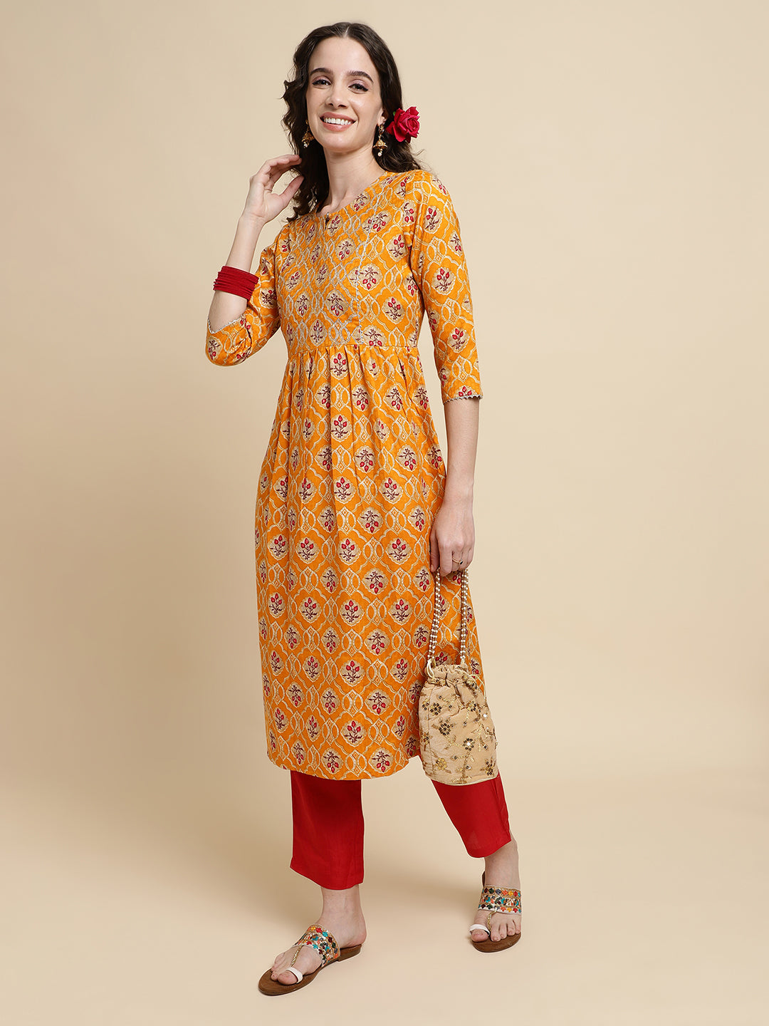 Women Yellow Floral Printed Embroidered  Kurta with Trousers