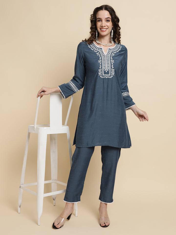 Women Grey Embroidered Regular Size  Co-ord Set