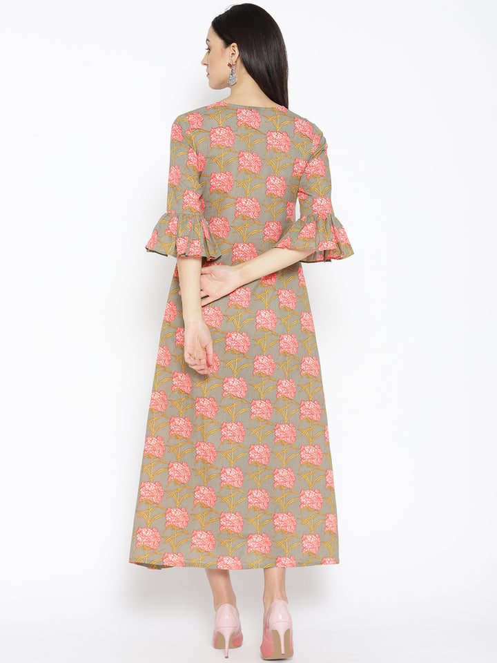 Women Green Printed A-Line Cotton Kurta