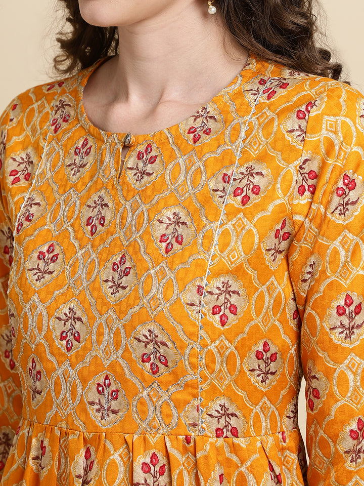 Women Yellow Floral Printed Embroidered  Kurta with Trousers