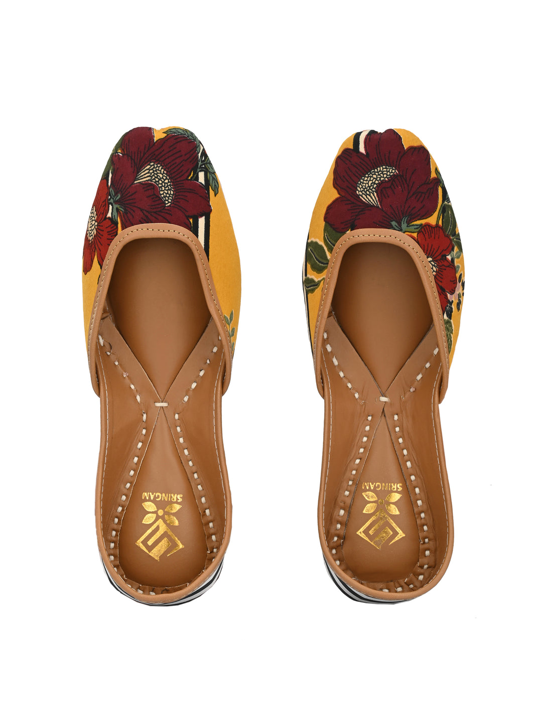 Sringam Women Yellow and Maroon Printed Handcrafted Mojaris