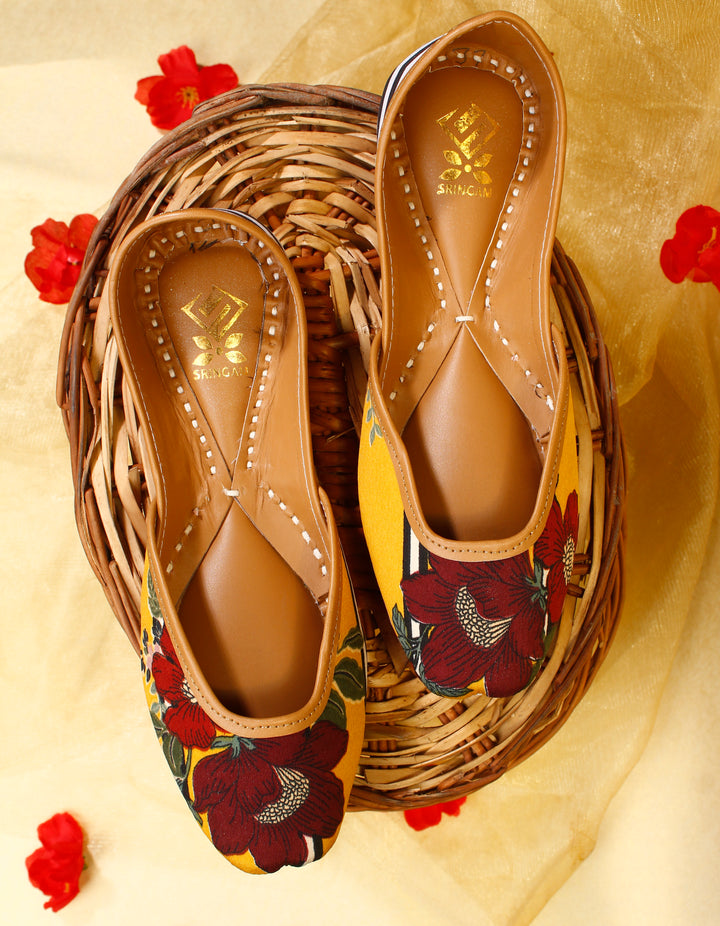 Sringam Women Yellow and Maroon Printed Handcrafted Mojaris