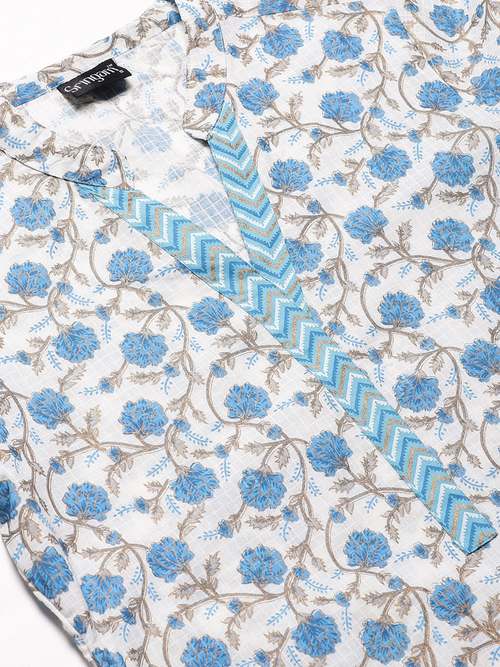 Women White & Blue Floral Printed Kurta with Palazzos