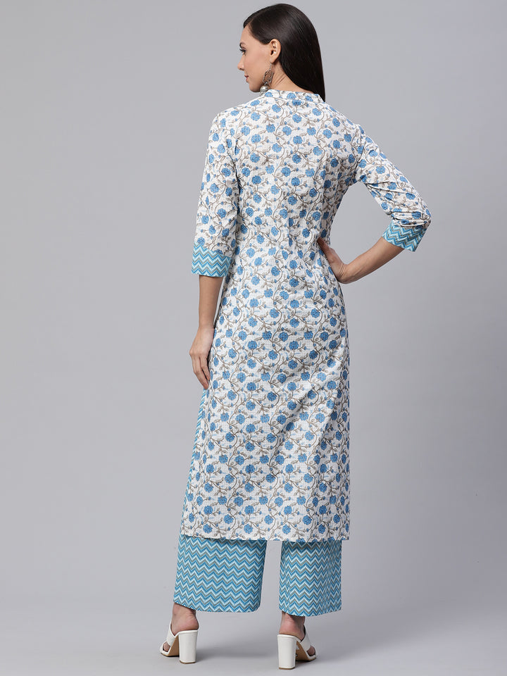 Women White & Blue Floral Printed Kurta with Palazzos