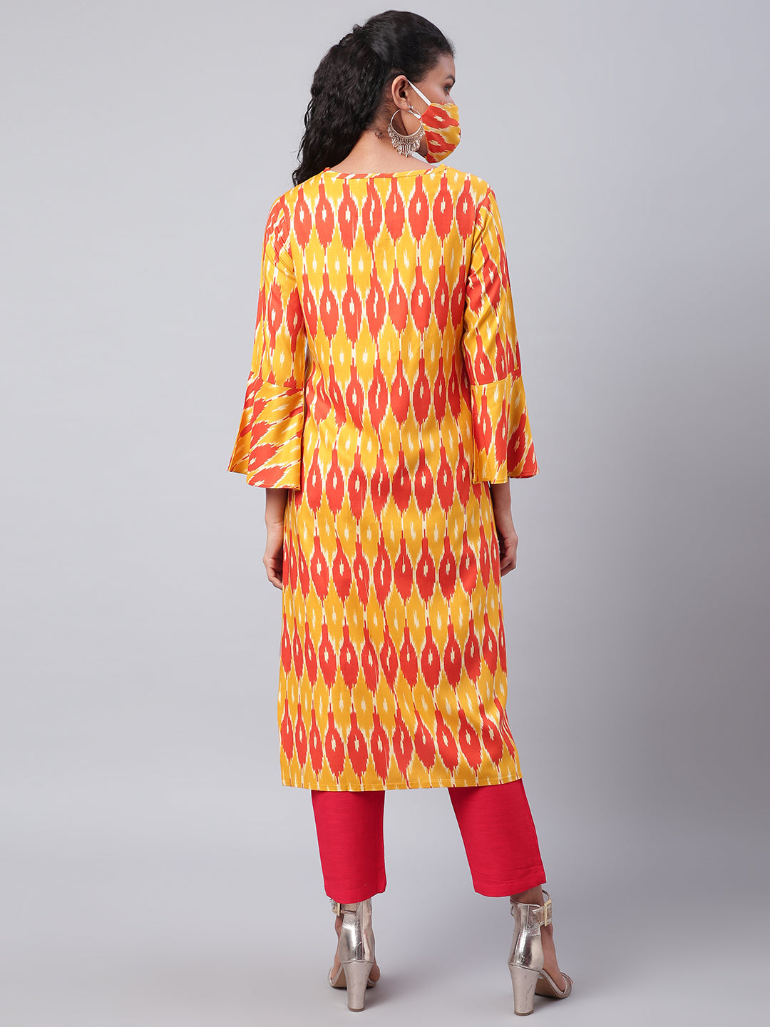 Women Yellow and Red Abstract Printed Long Kurta