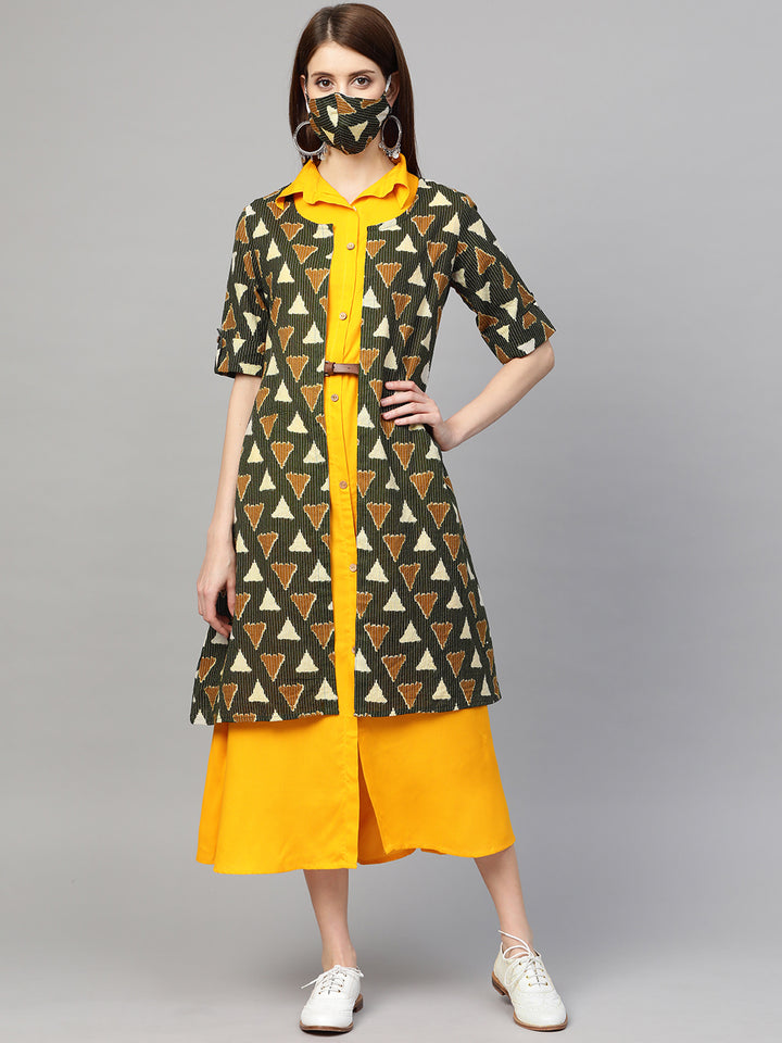 Women Green and Yellow A-line Kurta with Shrug and Belt