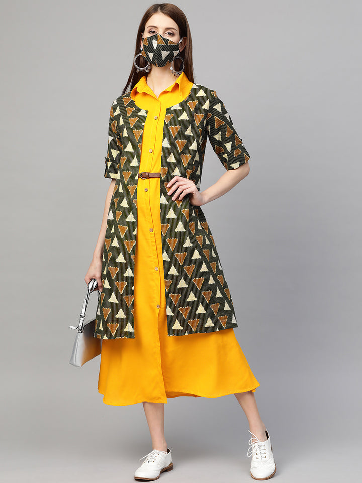 Women Green and Yellow A-line Kurta with Shrug and Belt