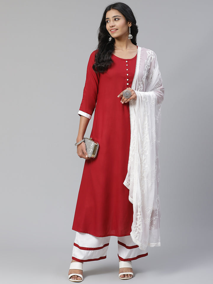 Women Red Solid Kurta and Palazzos with Embroidered Dupatta