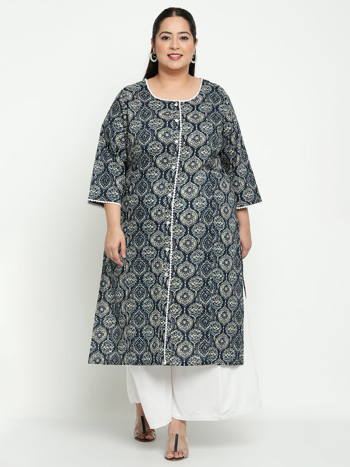 Women Blue Printed Plus Size Kurta