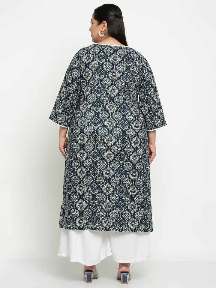 Women Blue Printed Plus Size Kurta