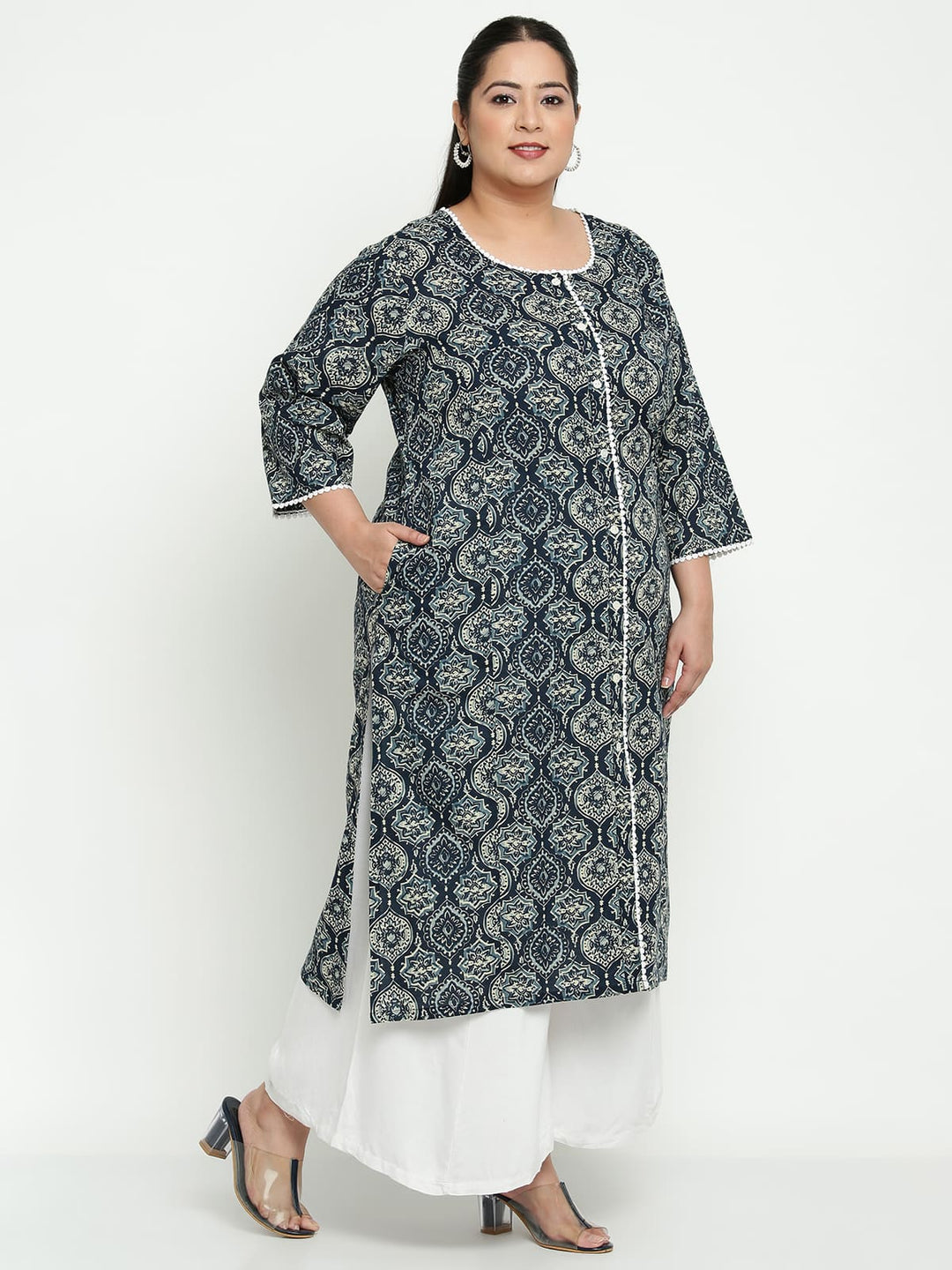 Women Blue Printed Plus Size Kurta
