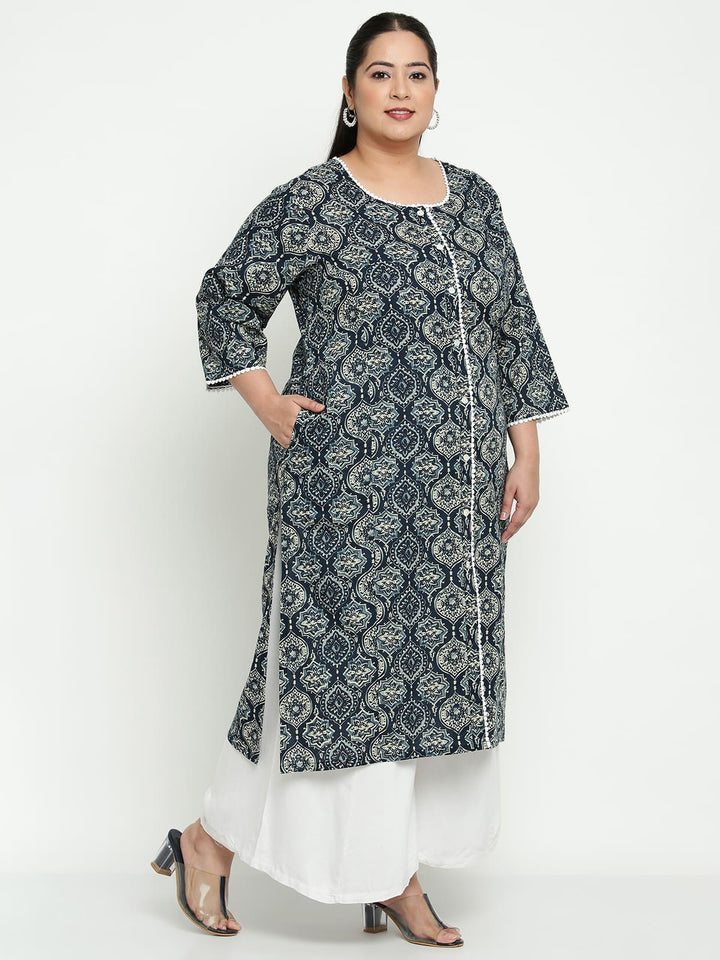 Women Blue Printed Plus Size Kurta