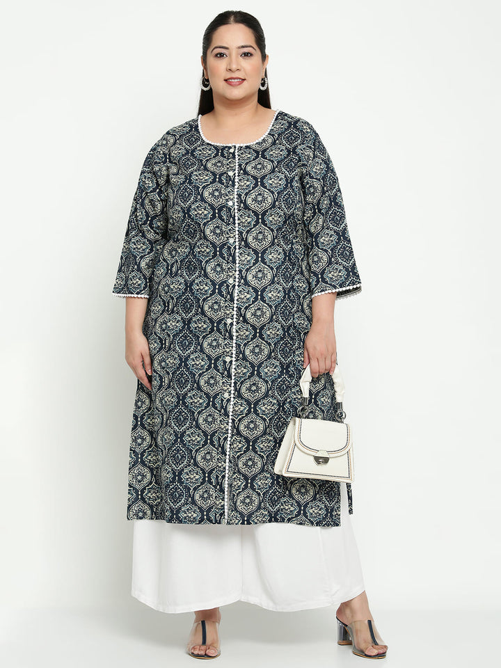 Women Blue Printed Plus Size Kurta