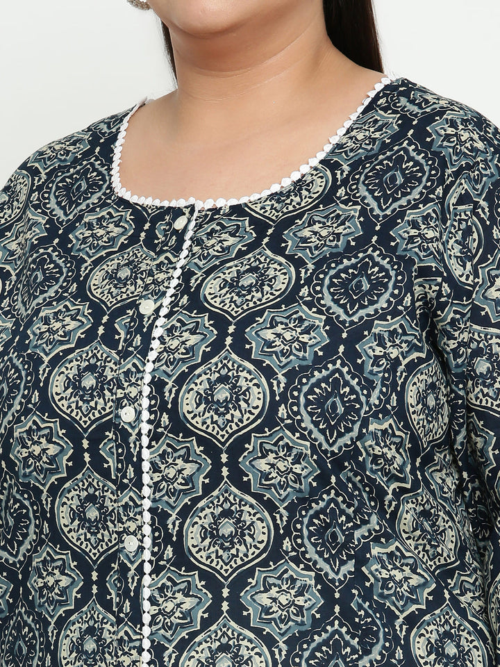 Women Blue Printed Plus Size Kurta