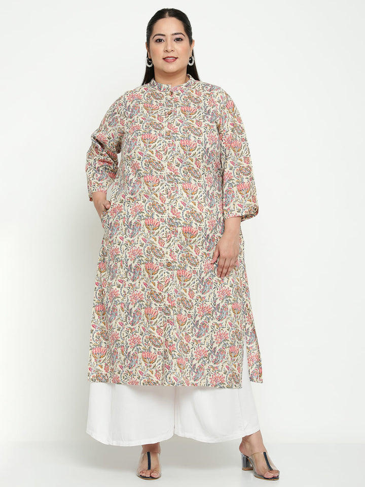 Women White Floral Plus Size Kurta