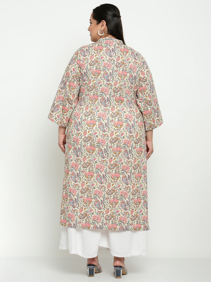 Women White Floral Plus Size Kurta