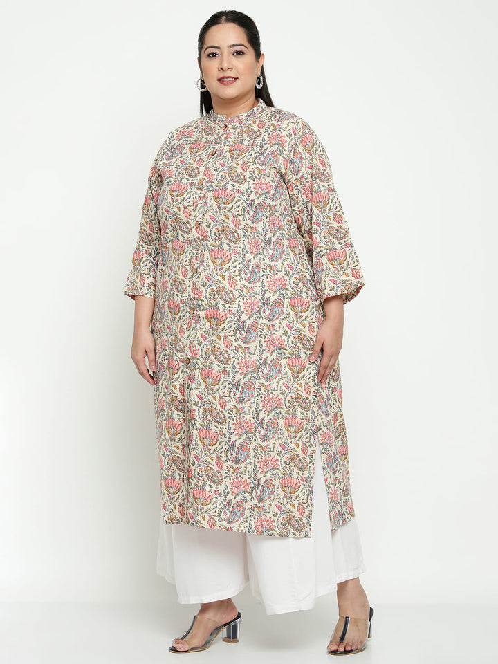 Women White Floral Plus Size Kurta