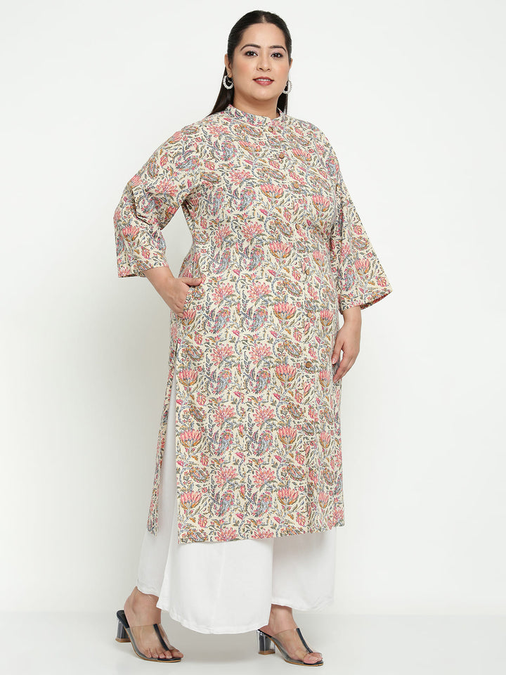 Women White Floral Plus Size Kurta