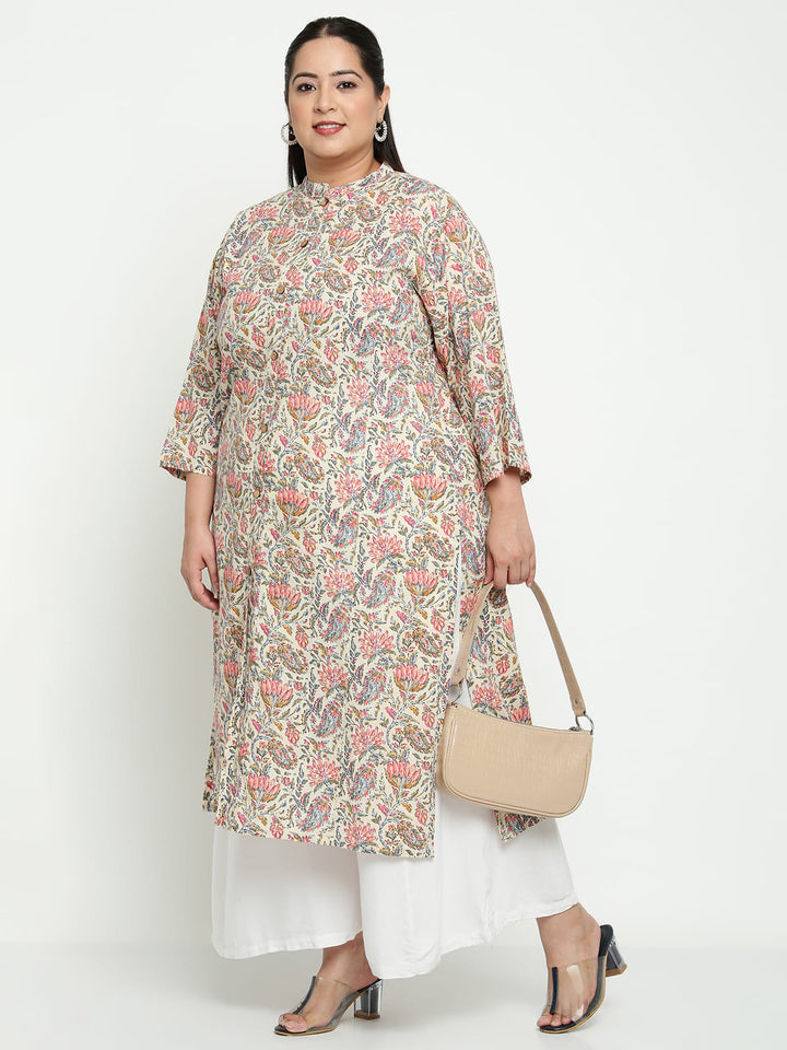 Women White Floral Plus Size Kurta