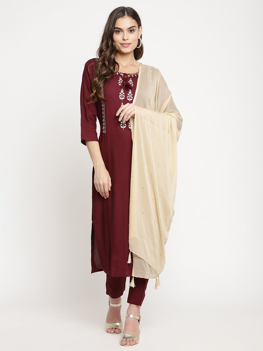 Sringam Maroon Thread Work Yoke Design Kurta with Trousers and Dupatta