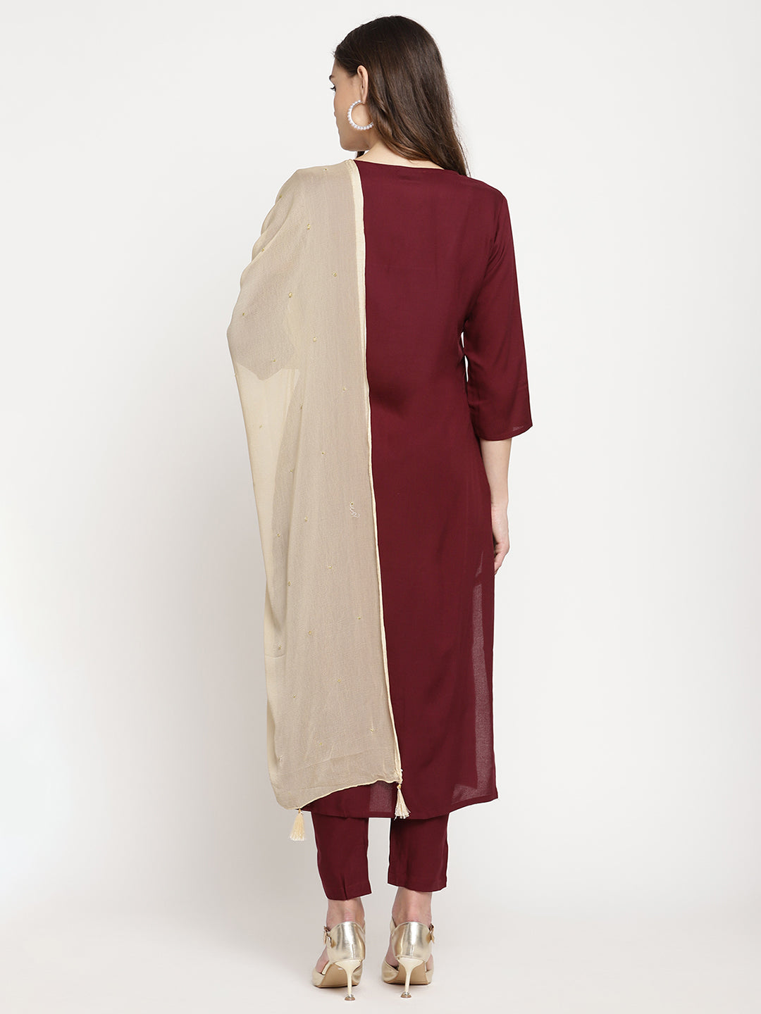 Sringam Maroon Thread Work Yoke Design Kurta with Trousers and Dupatta