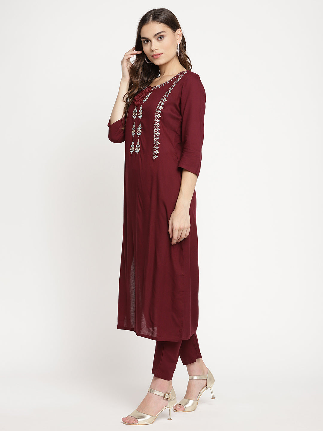 Sringam Maroon Thread Work Yoke Design Kurta with Trousers and Dupatta