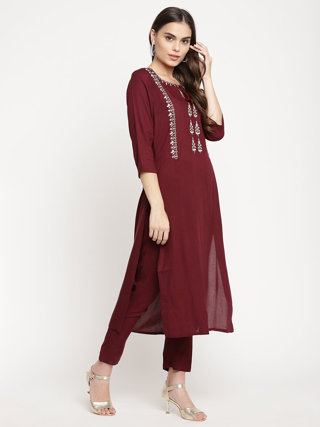 Sringam Maroon Thread Work Yoke Design Kurta with Trousers and Dupatta