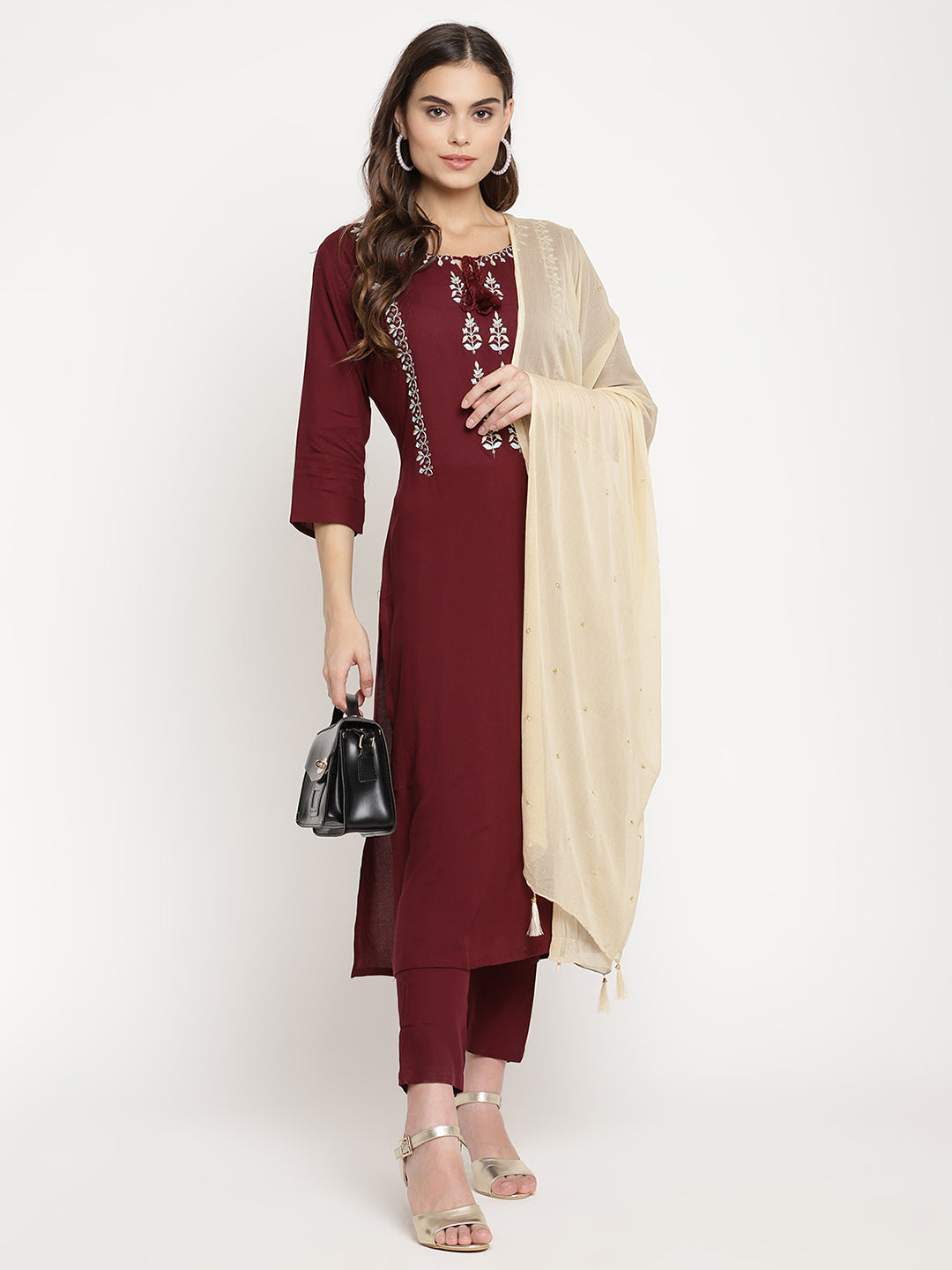 Sringam Maroon Thread Work Yoke Design Kurta with Trousers and Dupatta