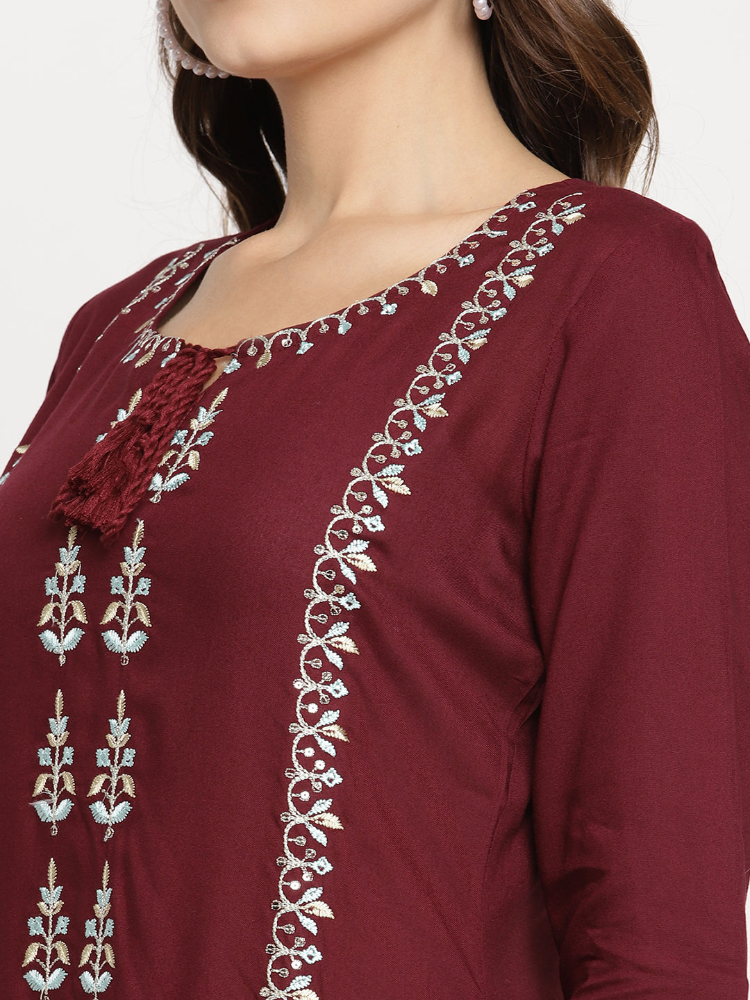 Sringam Maroon Thread Work Yoke Design Kurta with Trousers and Dupatta