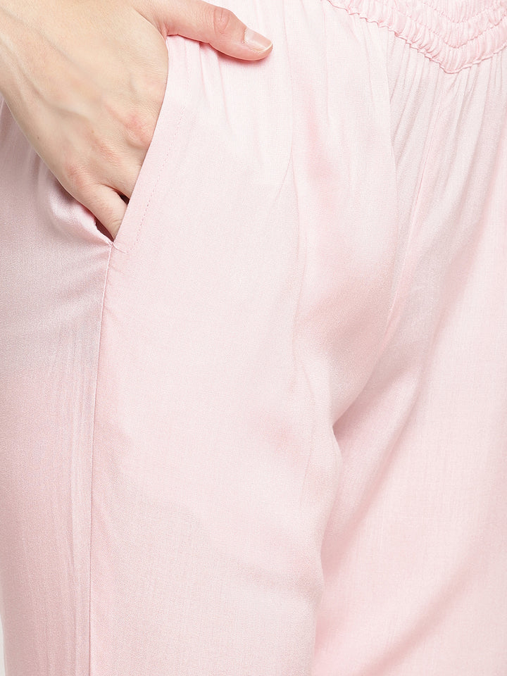 Women Pink Embroidered Yoke Design Kurta with Trousers and Dupatta