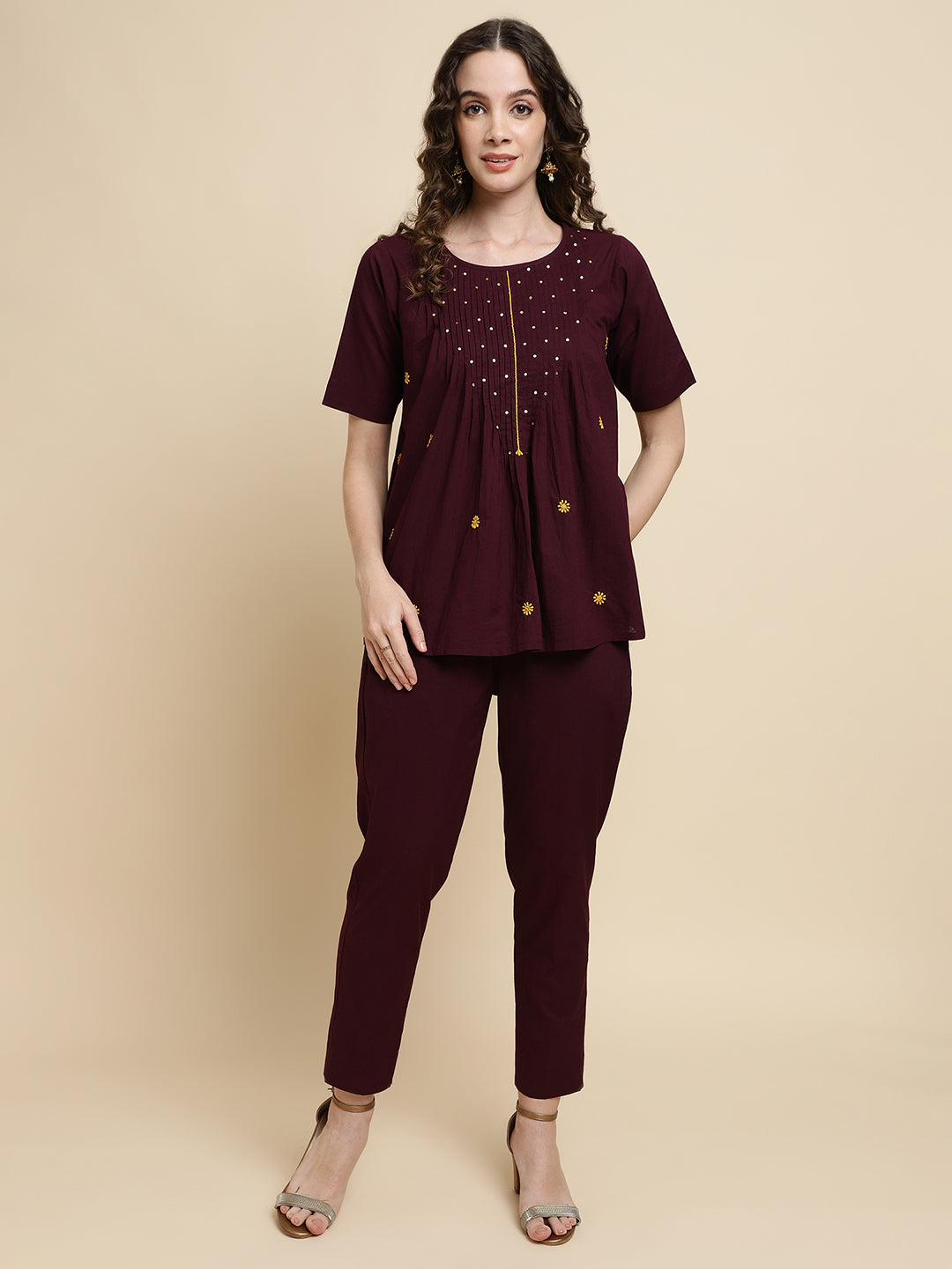 Women Solid Brown Embroidered Co-ord Set