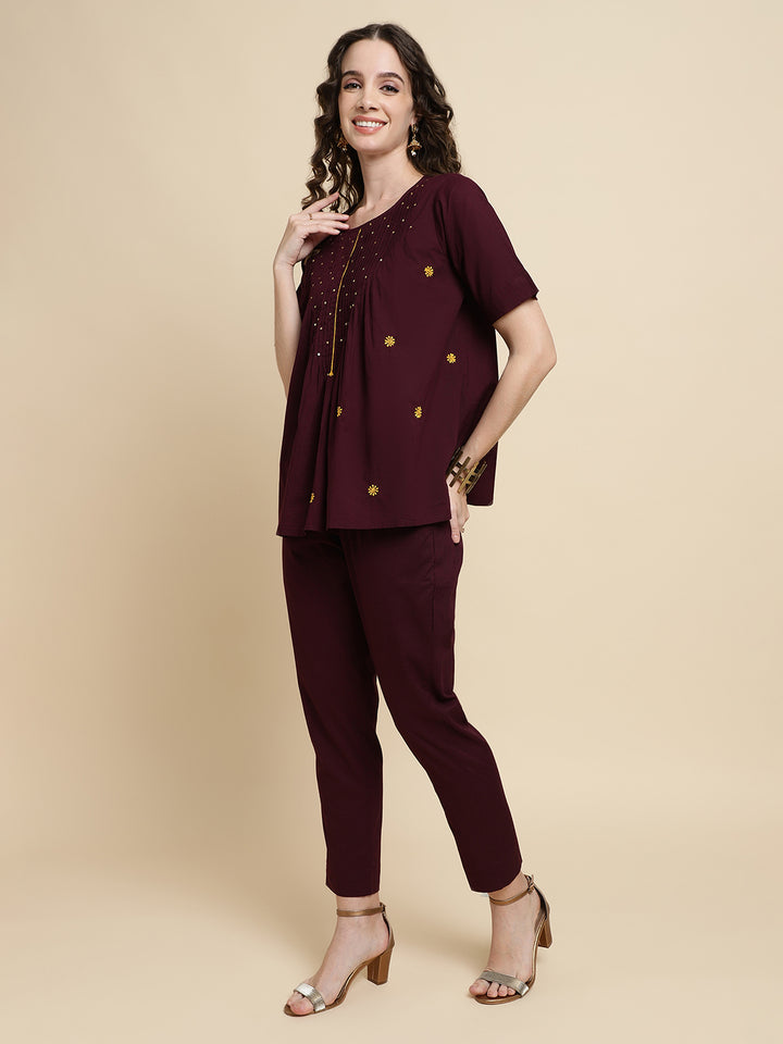 Women Solid Brown Embroidered Co-ord Set